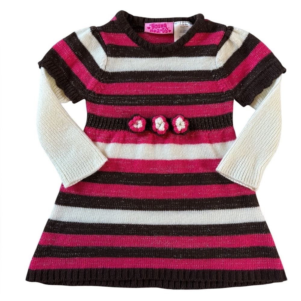 Young Hearts Y2K Flower Sweater Dress Brown Pink Girls 18 Months